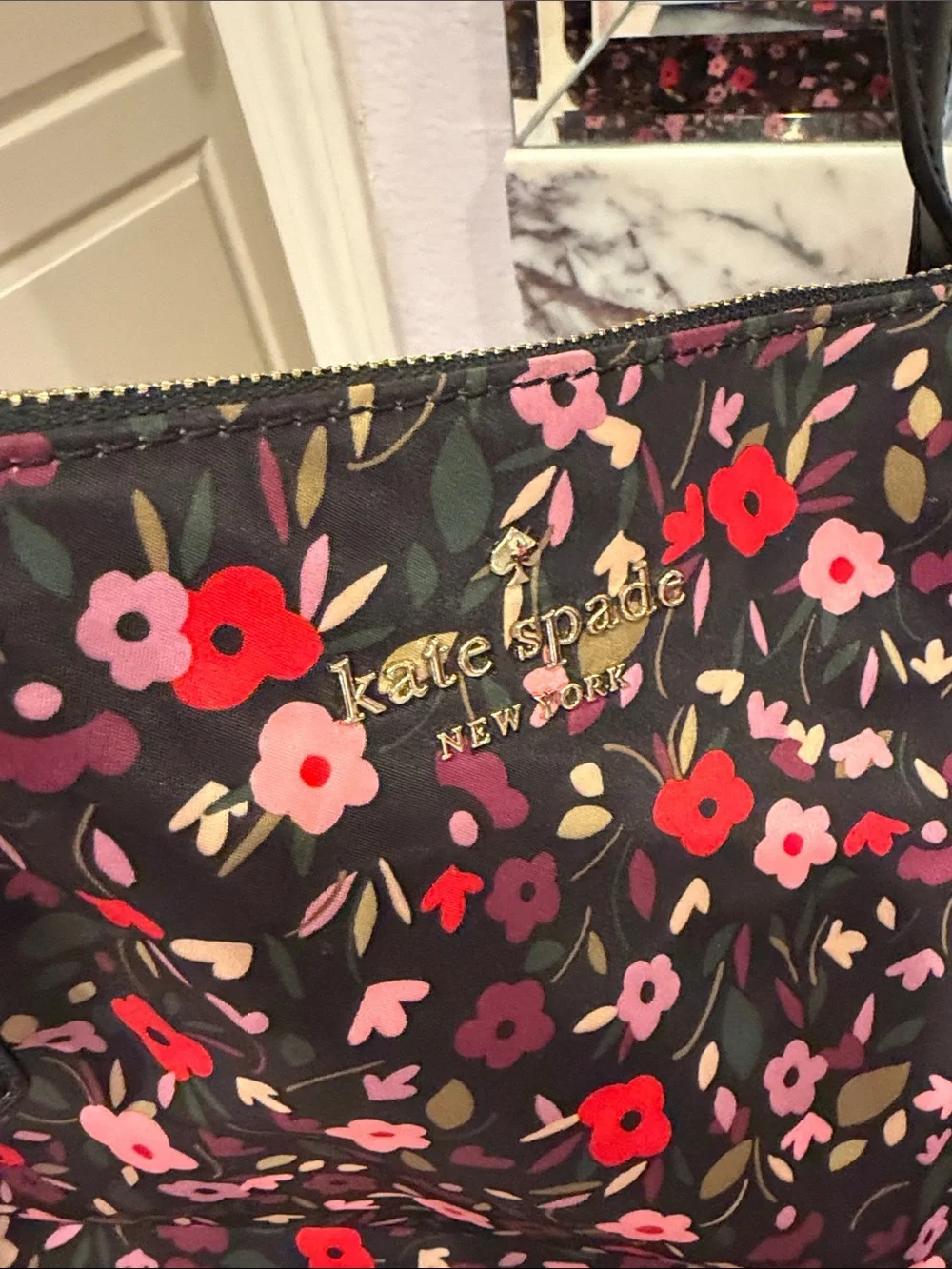 kate spade Black Floral Print Tote with Pink and Red Blooms